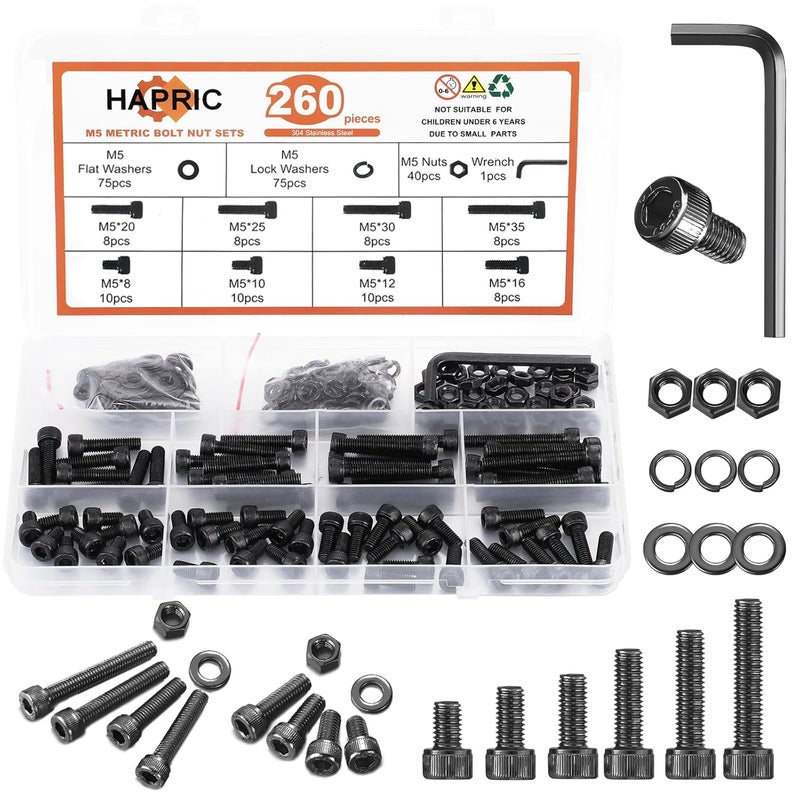 Hapric 260 Pcs M5 Screws Assortment Kit, M5x 8/10/12/16/20/25/30/35mm M5 Bolts Kit 12.9 Alloy Steel Nuts and Bolts Assortment Kit Black Zinc Plated Hex Socket Head Screws Nuts Bolts and Washers Set - Image 1